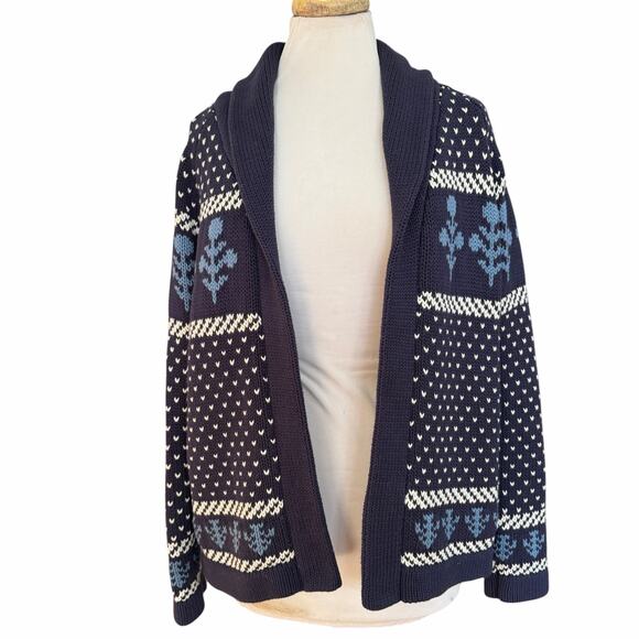 MAREA Flower Intarsia Cotton Shawl Cardigan Sweater Blue - Small - Picture 2 of 16